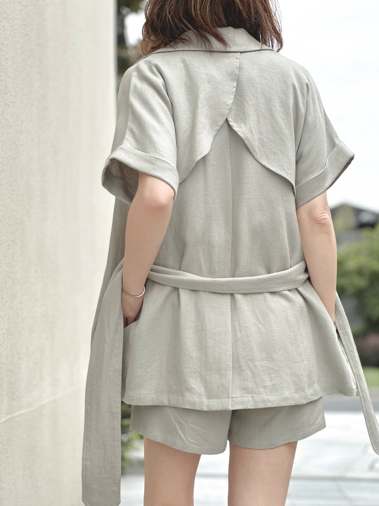 Surprise Sale! Greyish Green Floral Trimmed Pure Linen Short Sleeves Blazer