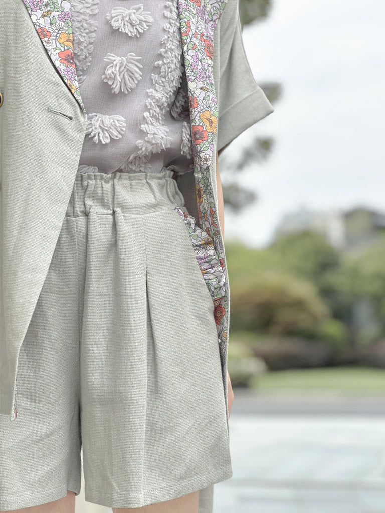 Surprise Sale! Greyish Green Floral Ruffled Pocket Pure Linen Paperbag Shorts
