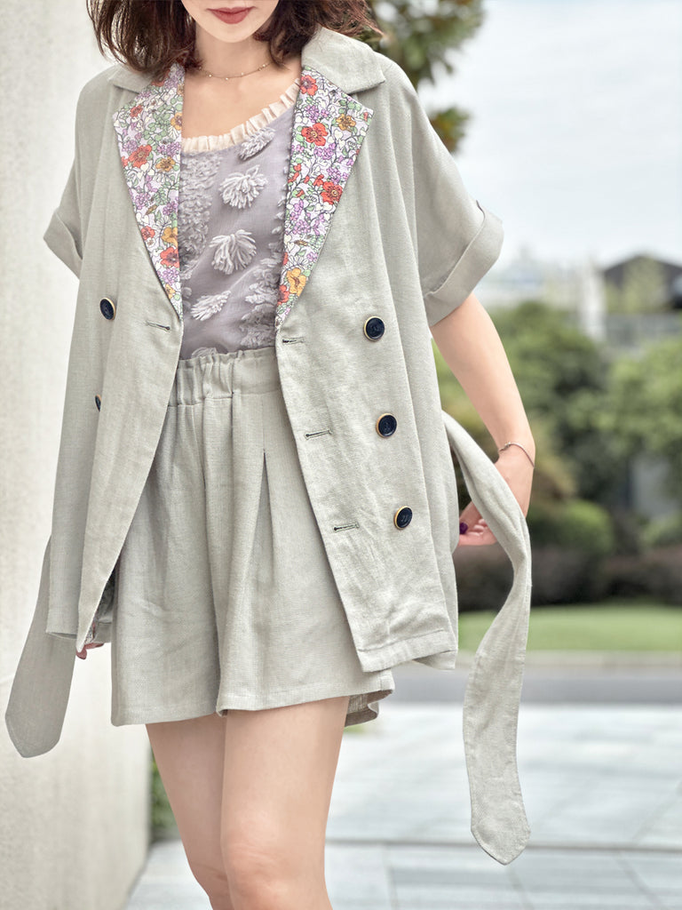 Surprise Sale! Greyish Green Floral Trimmed Pure Linen Short Sleeves Blazer