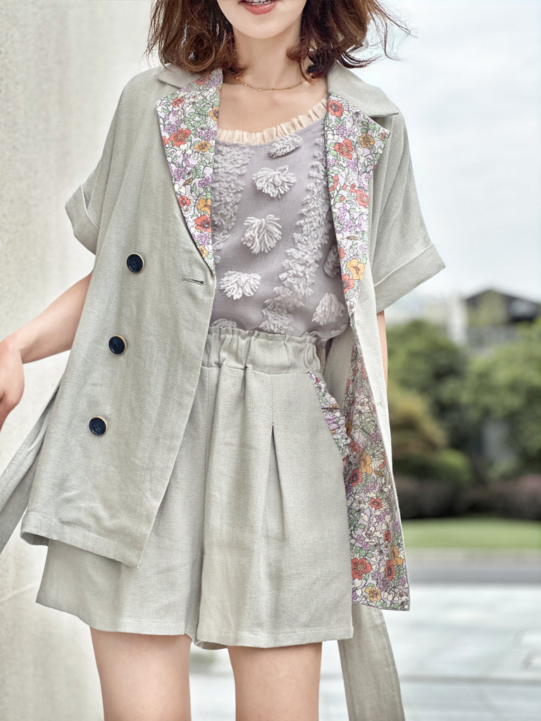 Surprise Sale! Greyish Green Floral Trimmed Pure Linen Short Sleeves Blazer