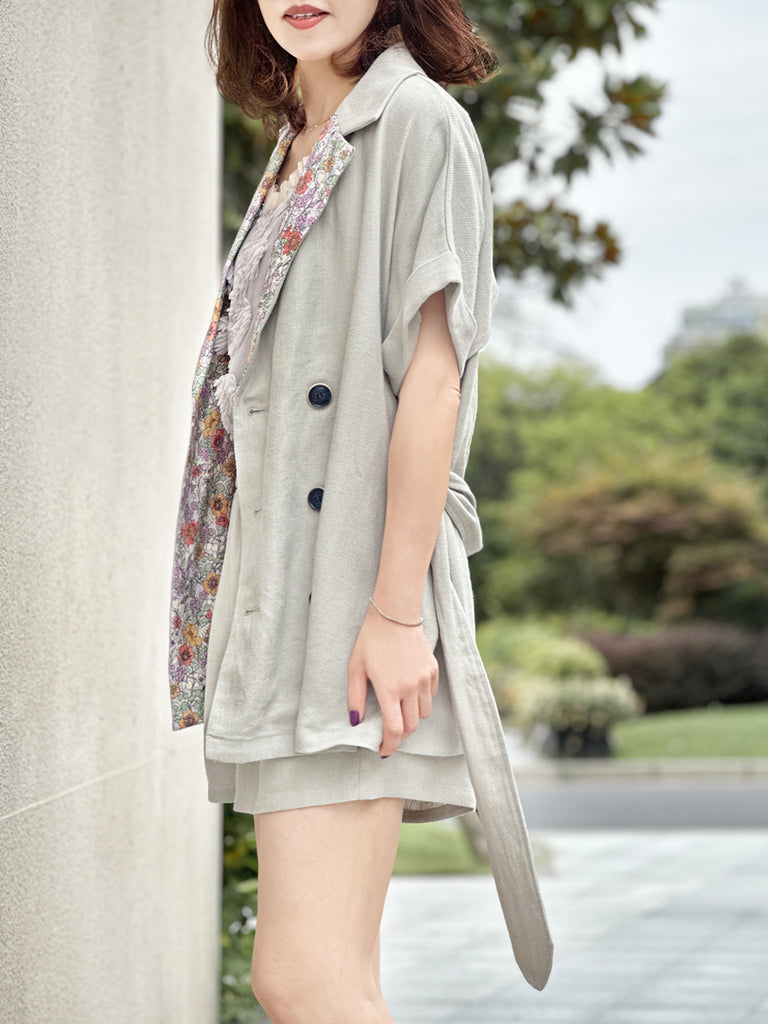 Surprise Sale! Greyish Green Floral Trimmed Pure Linen Short Sleeves Blazer