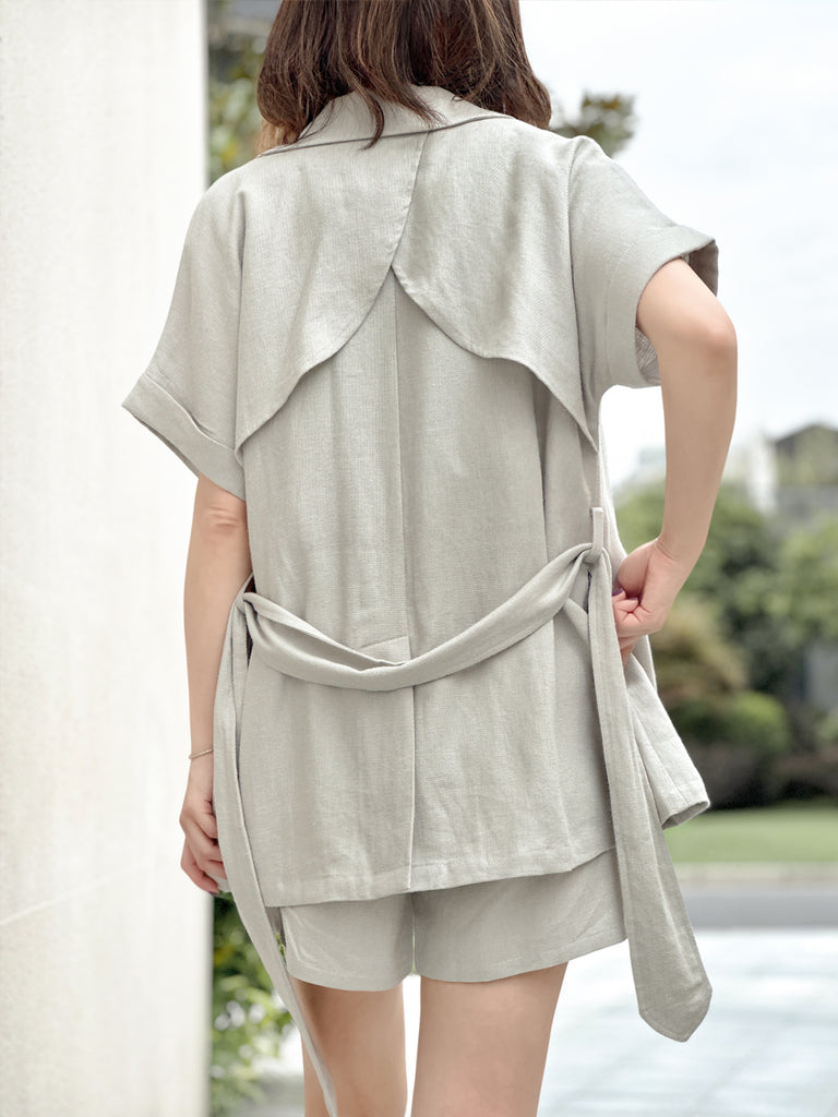 Surprise Sale! Greyish Green Floral Trimmed Pure Linen Short Sleeves Blazer