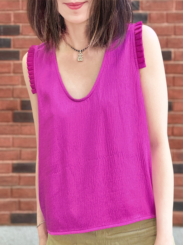 Final Sale! Fuchsia Pleated Ruffle Shoulder Textured Silk Tank