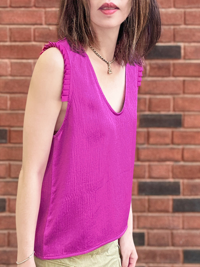Final Sale! Fuchsia Pleated Ruffle Shoulder Textured Silk Tank