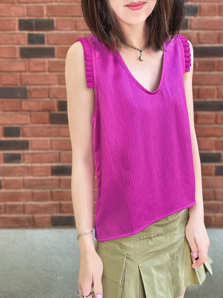 Final Sale! Fuchsia Pleated Ruffle Shoulder Textured Silk Tank