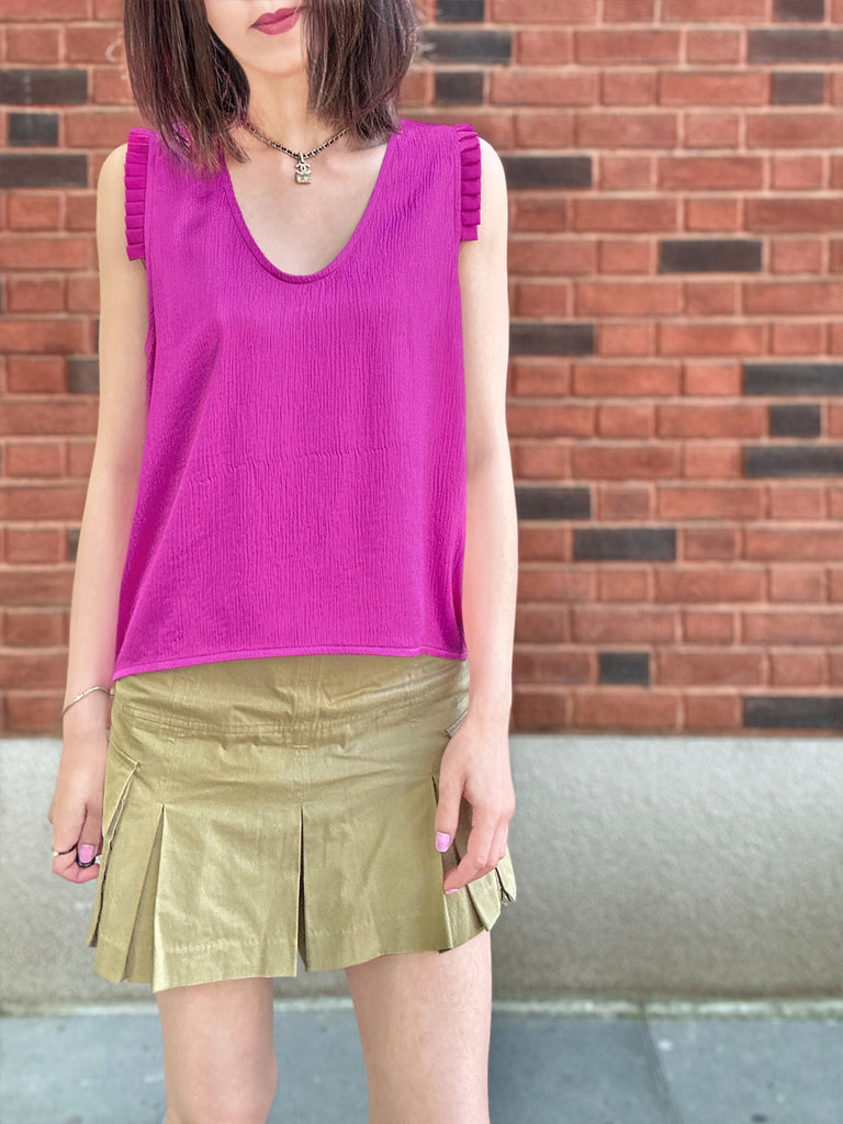Final Sale! Fuchsia Pleated Ruffle Shoulder Textured Silk Tank