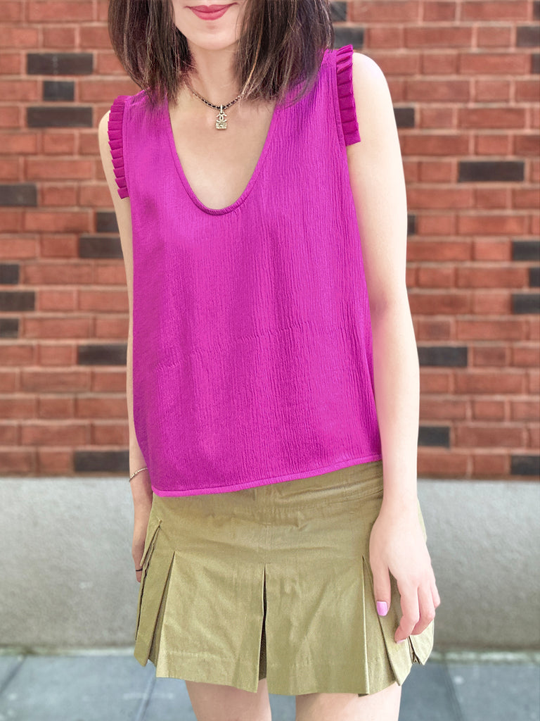 Final Sale! Fuchsia Pleated Ruffle Shoulder Textured Silk Tank