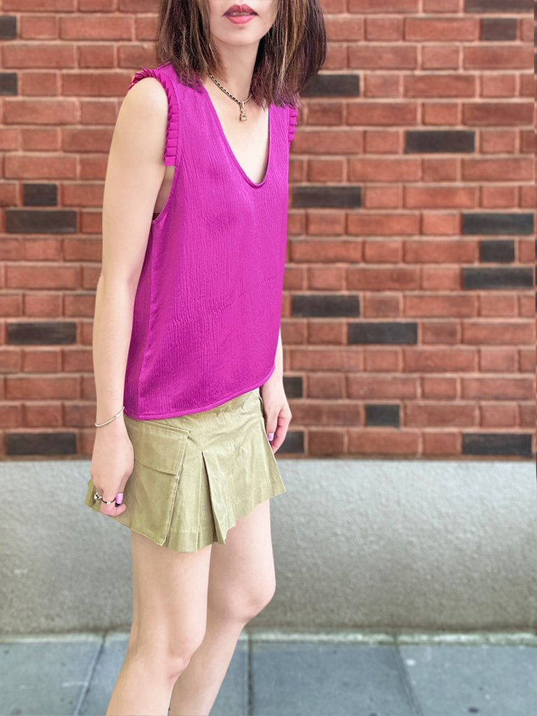 Final Sale! Fuchsia Pleated Ruffle Shoulder Textured Silk Tank