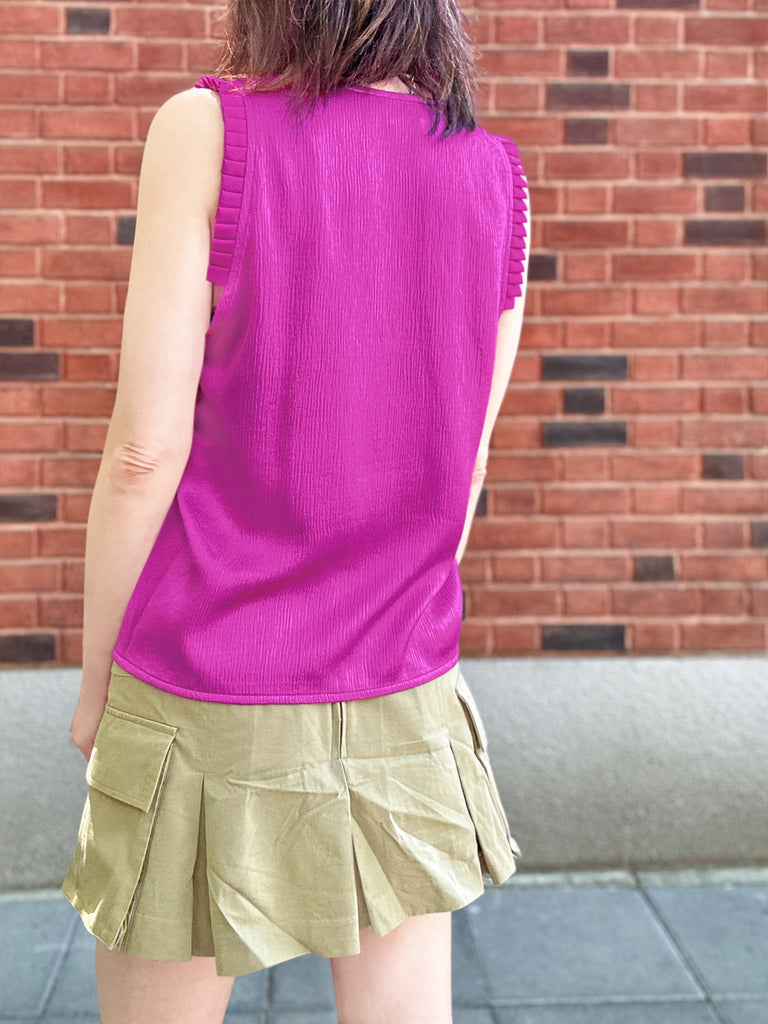Final Sale! Fuchsia Pleated Ruffle Shoulder Textured Silk Tank