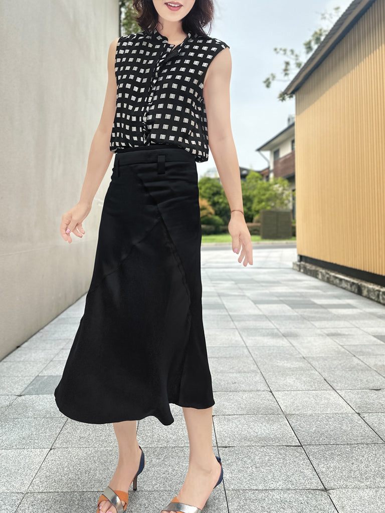 Lustrous Black Layered Waist A-line Silky Midi Skirt