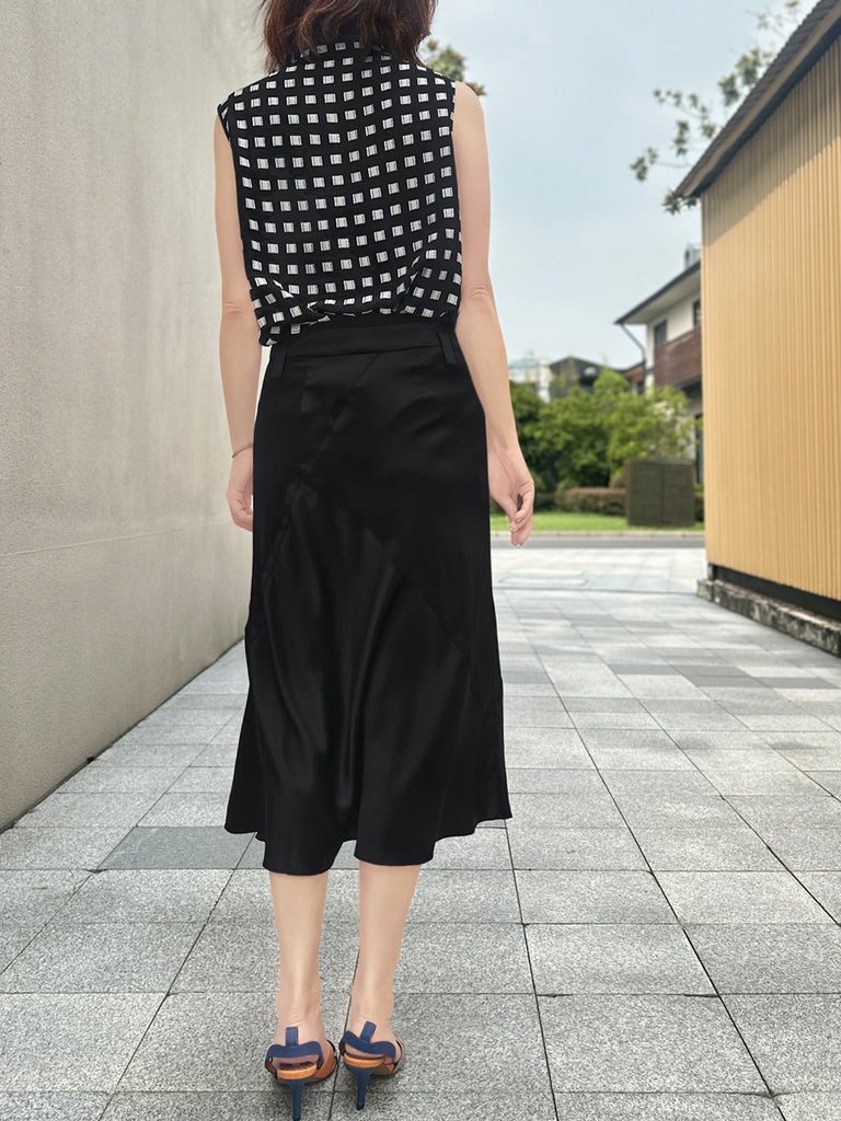 Lustrous Black Layered Waist A-line Silky Midi Skirt