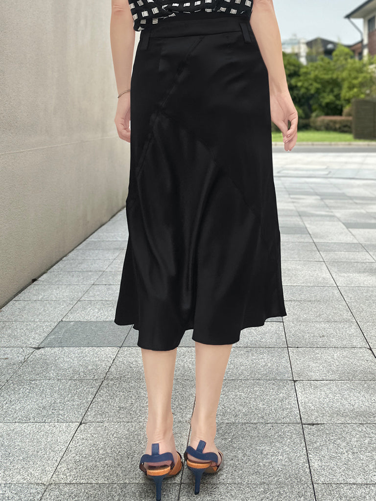 Lustrous Black Layered Waist A-line Silky Midi Skirt