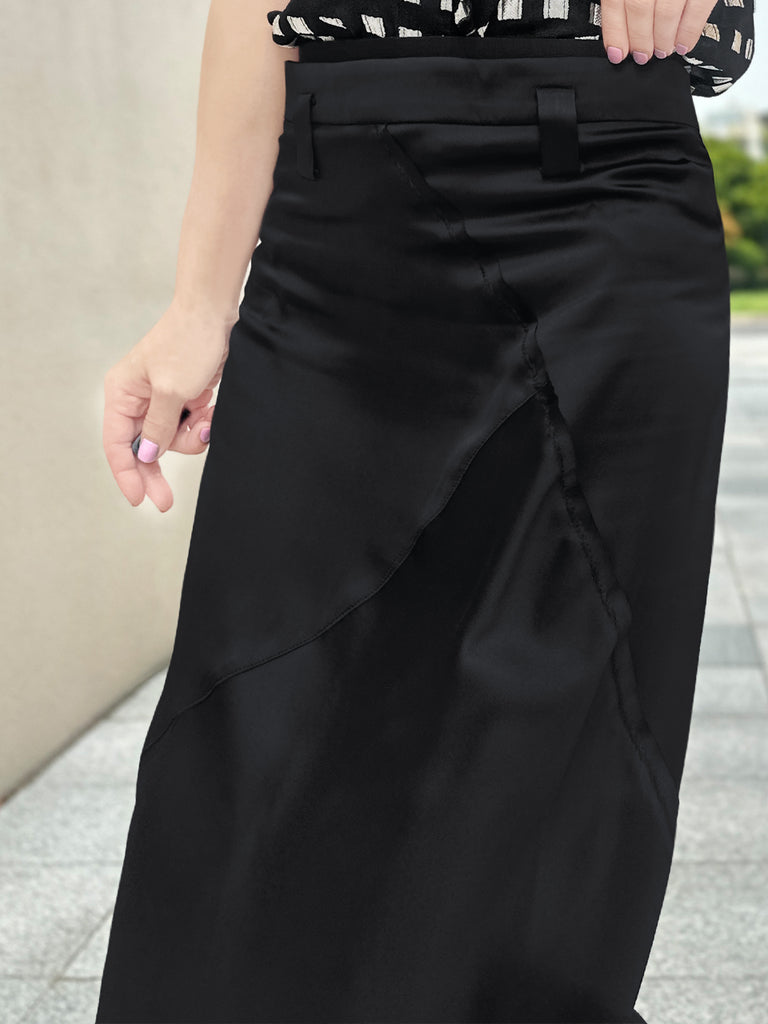 Lustrous Black Layered Waist A-line Silky Midi Skirt