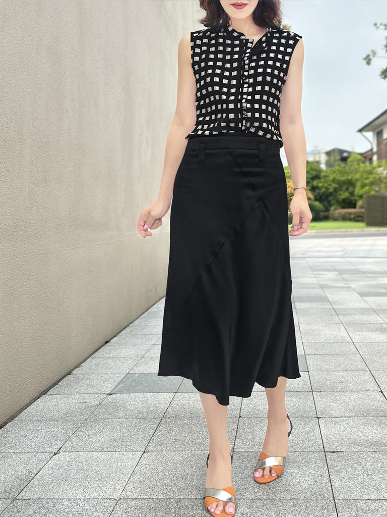 Lustrous Black Layered Waist A-line Silky Midi Skirt