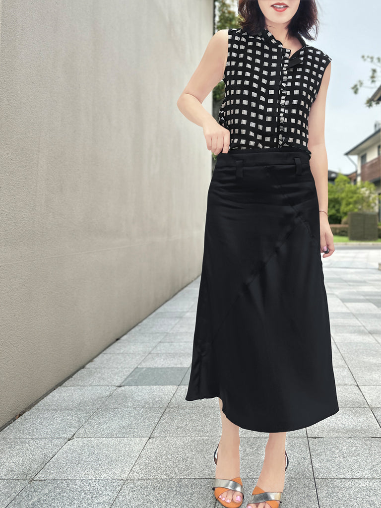 Lustrous Black Layered Waist A-line Silky Midi Skirt