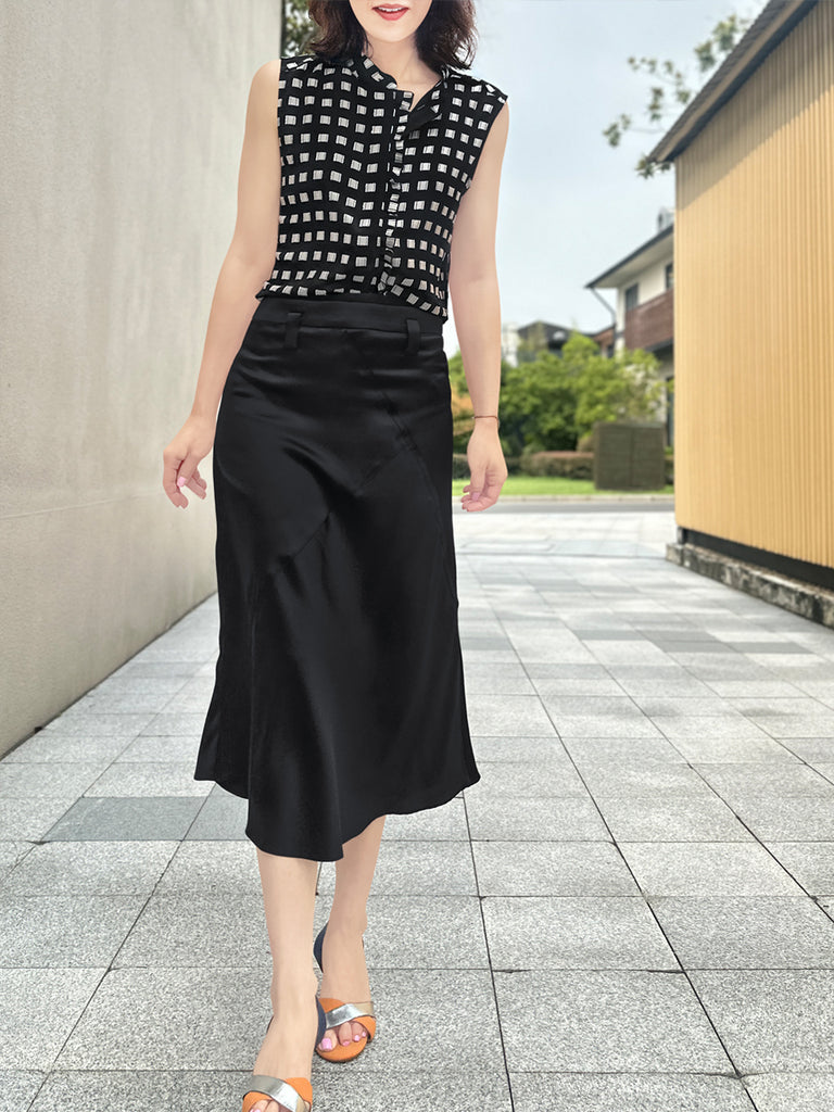 Lustrous Black Layered Waist A-line Silky Midi Skirt