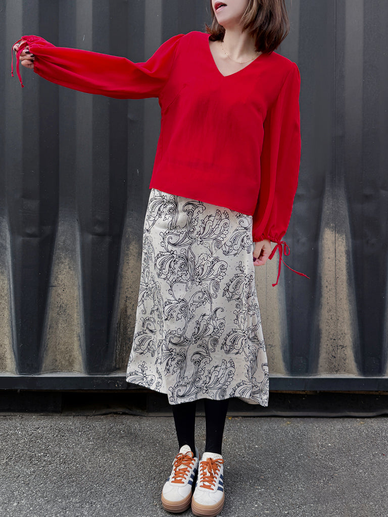 Paisley Floral Print Layered Waist A-line Airy Midi Skirt