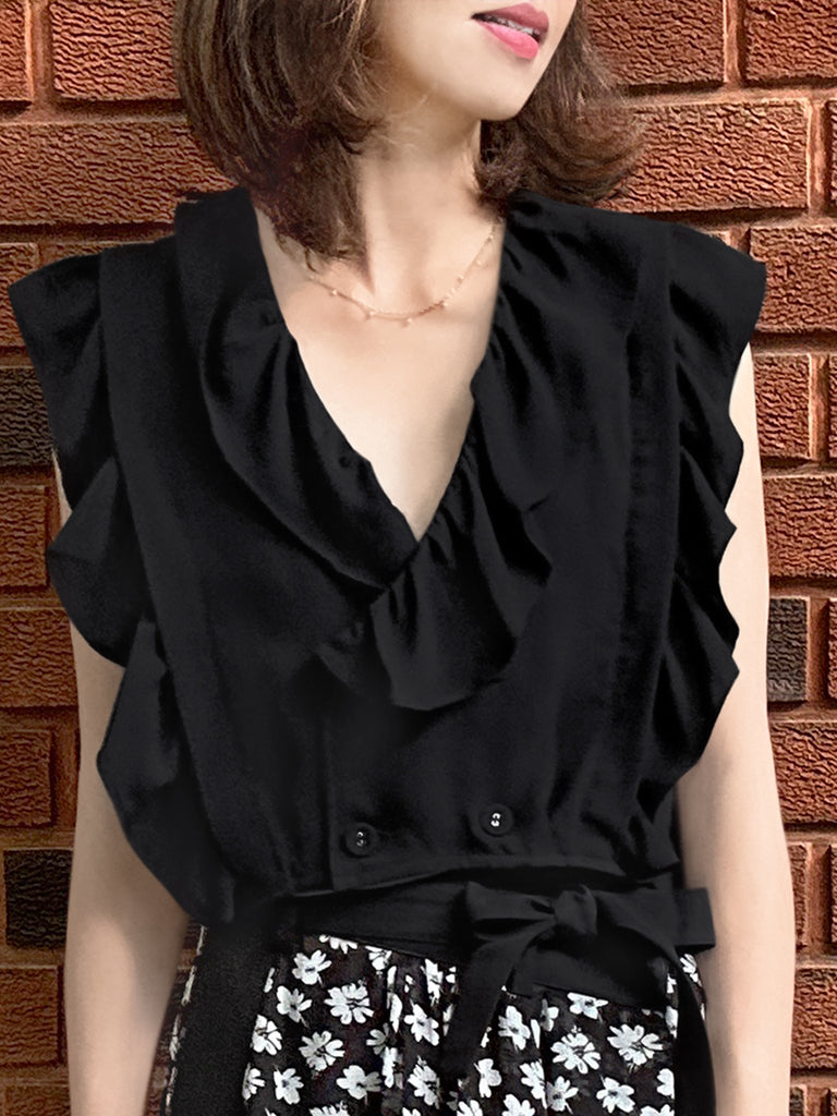 Last Chance! Black Lustrous Double Breasted Ruffles V-neck Crop Top