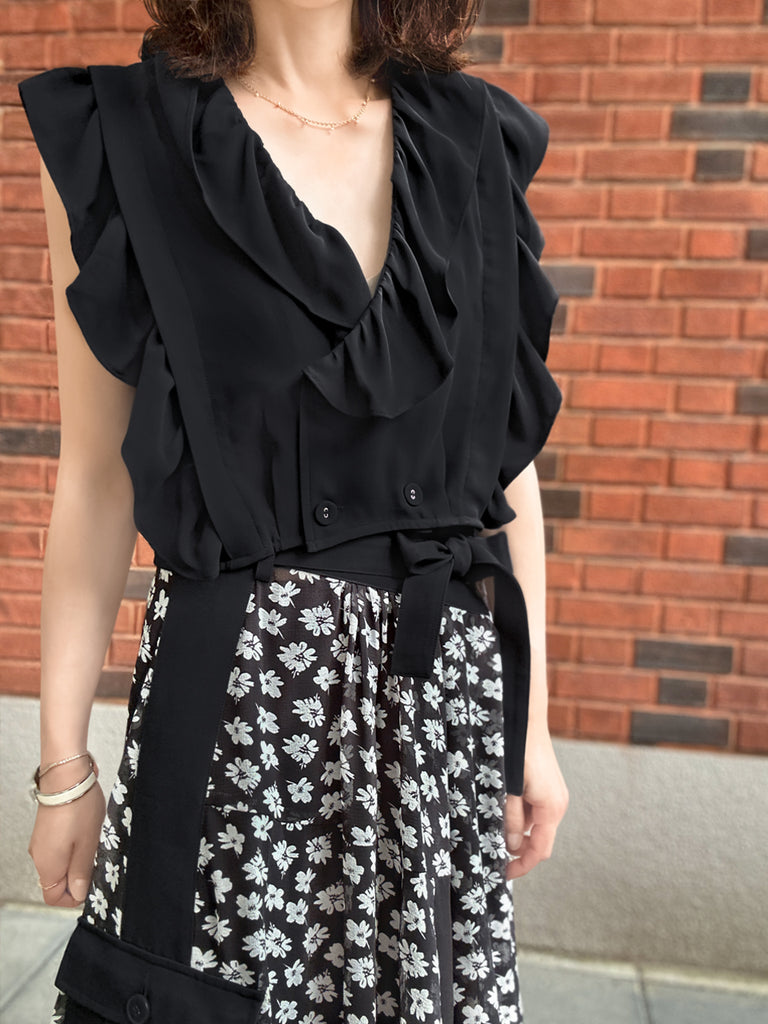 Last Chance! Black Lustrous Double Breasted Ruffles V-neck Crop Top