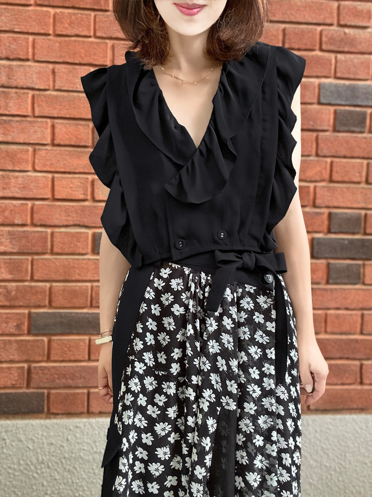 Last Chance! Black Lustrous Double Breasted Ruffles V-neck Crop Top