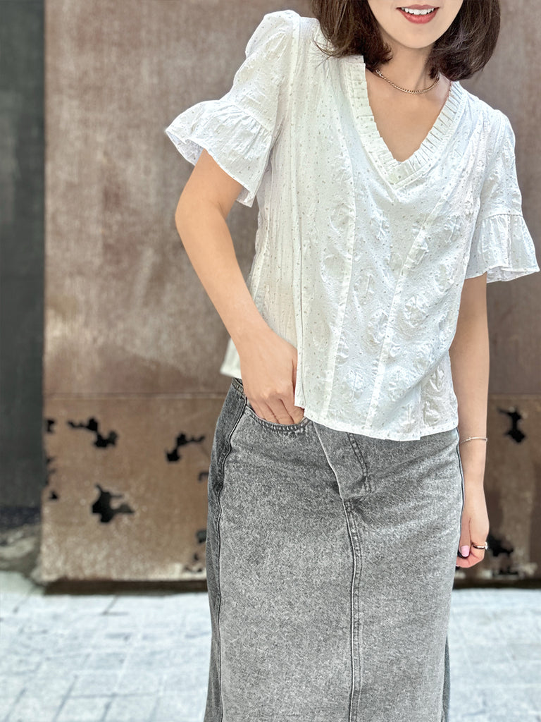 Surprise Sale! Crispy White Golden Dotty Ruffle Short Sleeves Blouse