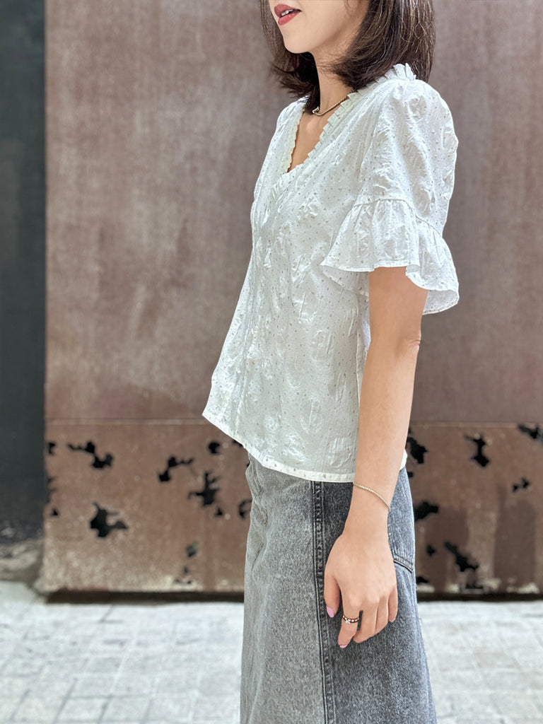 Surprise Sale! Crispy White Golden Dotty Ruffle Short Sleeves Blouse