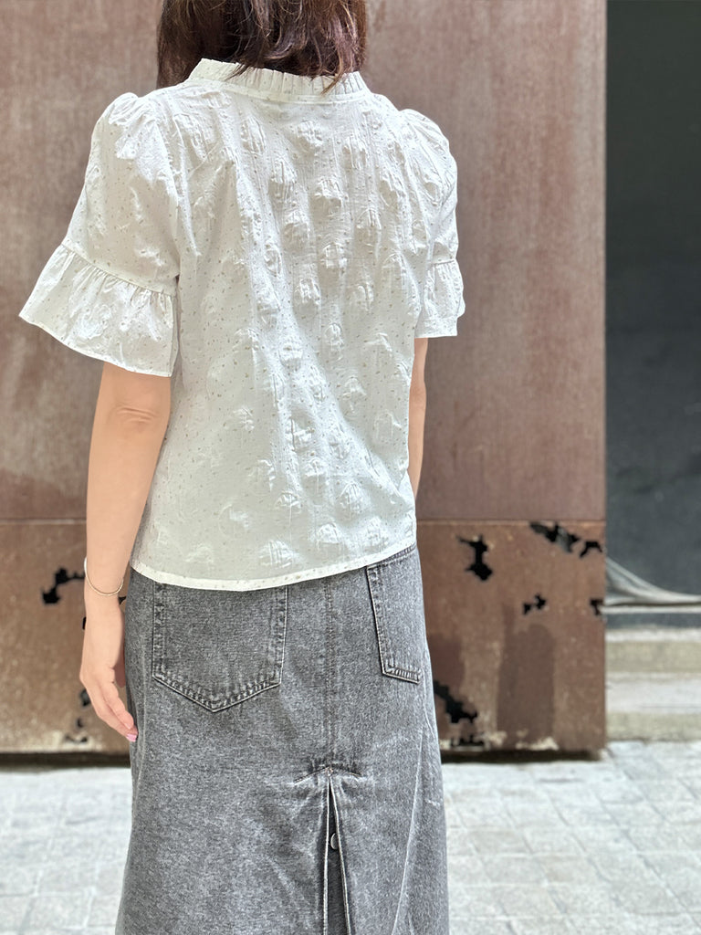 Surprise Sale! Crispy White Golden Dotty Ruffle Short Sleeves Blouse