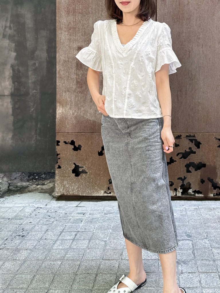 Surprise Sale! Crispy White Golden Dotty Ruffle Short Sleeves Blouse