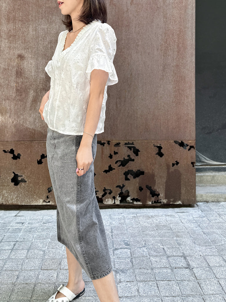 Surprise Sale! Crispy White Golden Dotty Ruffle Short Sleeves Blouse