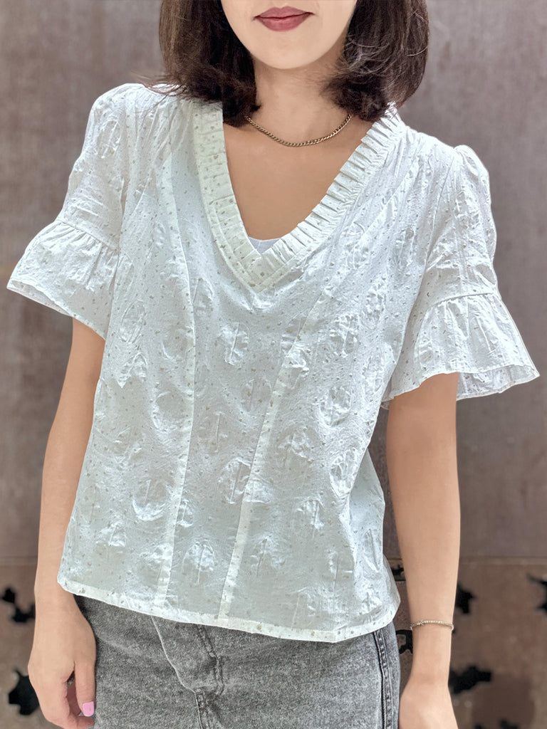 Surprise Sale! Crispy White Golden Dotty Ruffle Short Sleeves Blouse