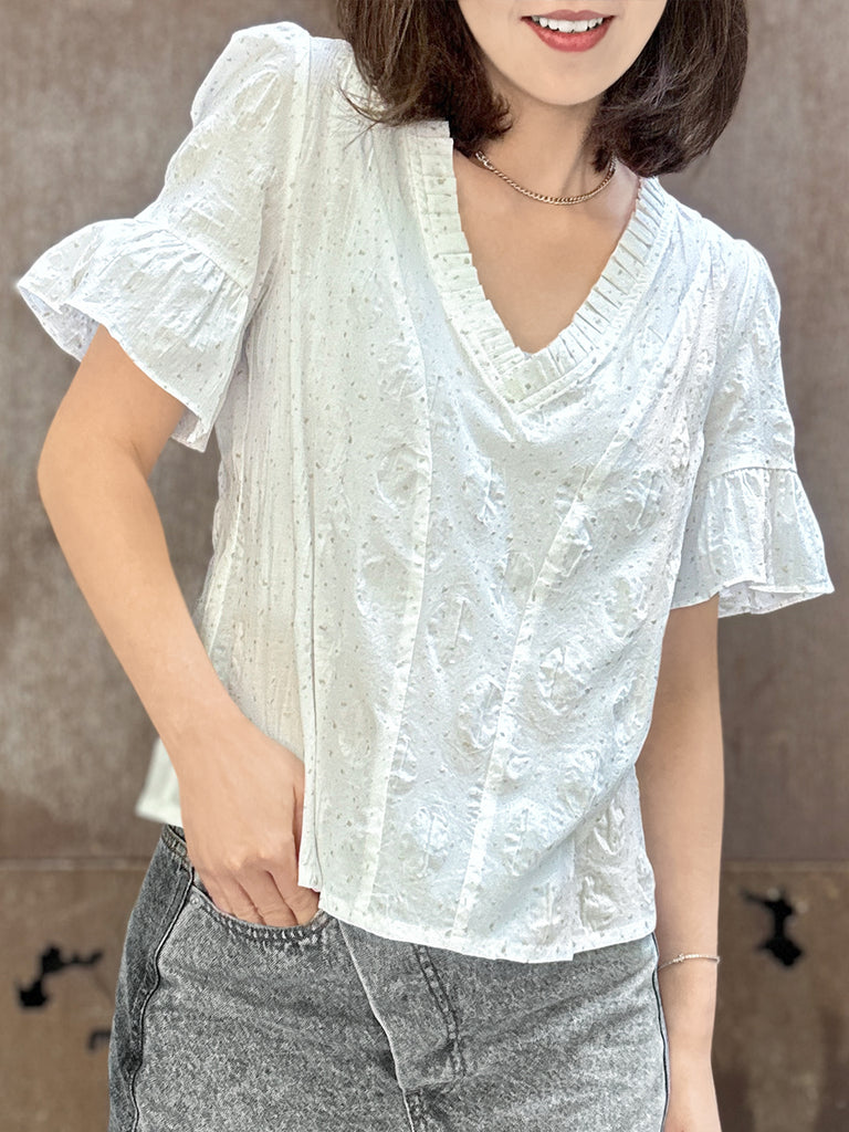 Surprise Sale! Crispy White Golden Dotty Ruffle Short Sleeves Blouse