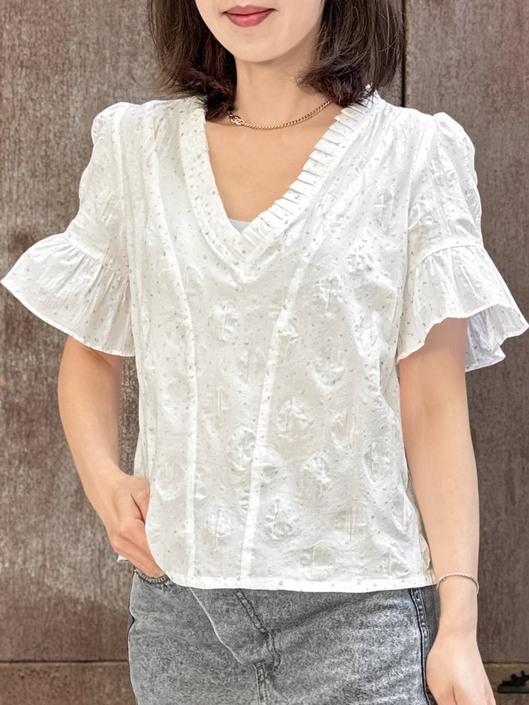 Surprise Sale! Crispy White Golden Dotty Ruffle Short Sleeves Blouse