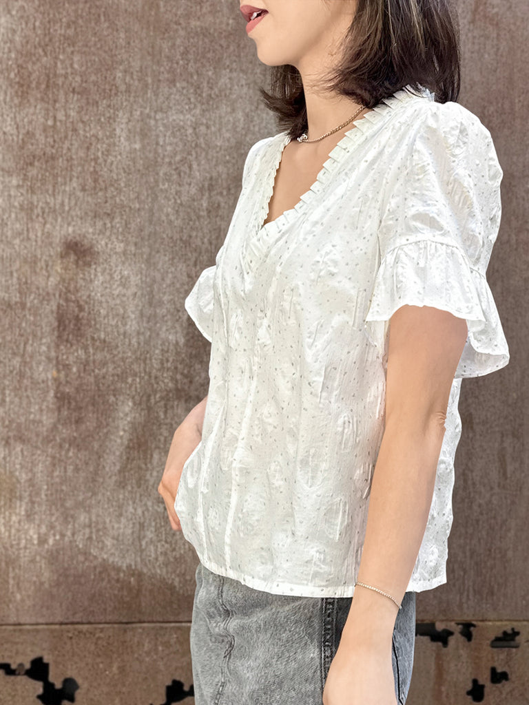 Surprise Sale! Crispy White Golden Dotty Ruffle Short Sleeves Blouse