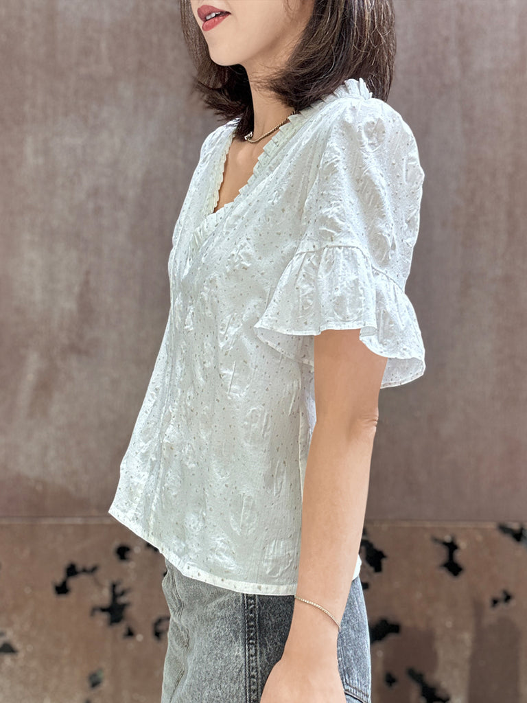 Surprise Sale! Crispy White Golden Dotty Ruffle Short Sleeves Blouse
