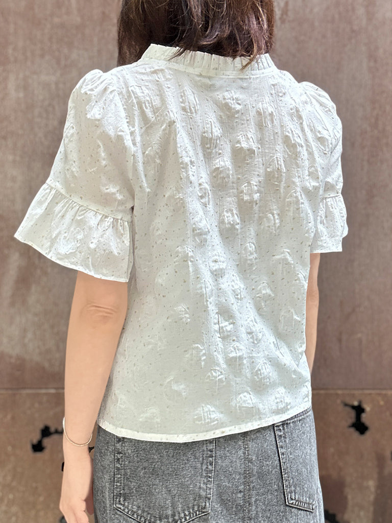 Surprise Sale! Crispy White Golden Dotty Ruffle Short Sleeves Blouse