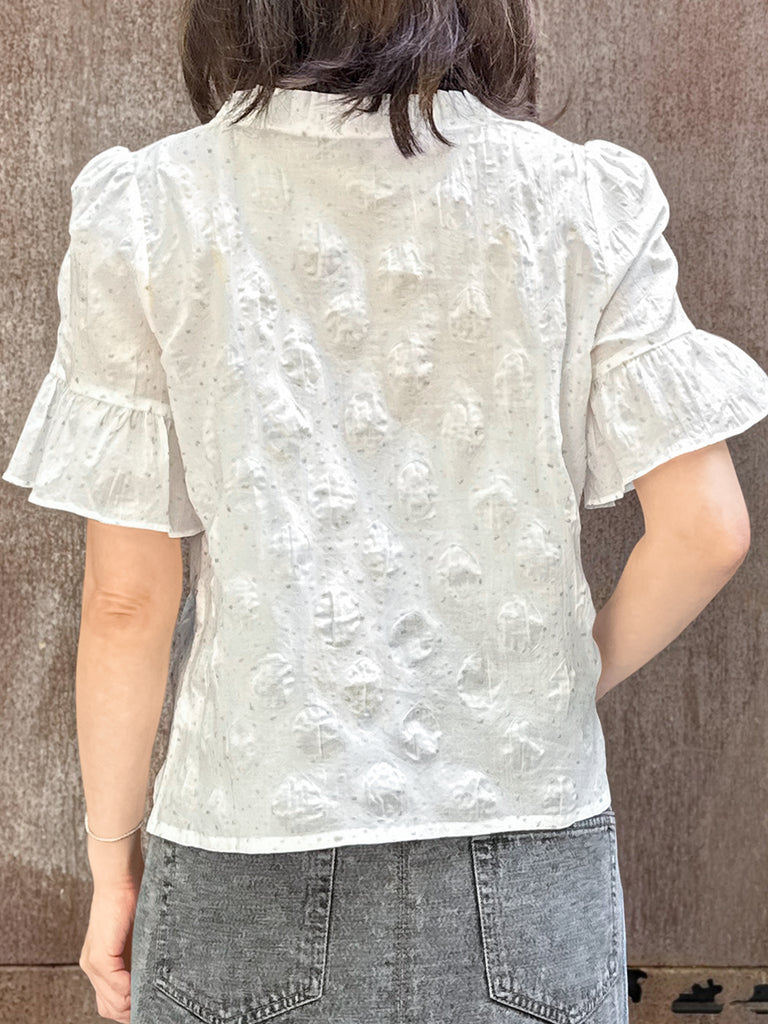 Surprise Sale! Crispy White Golden Dotty Ruffle Short Sleeves Blouse