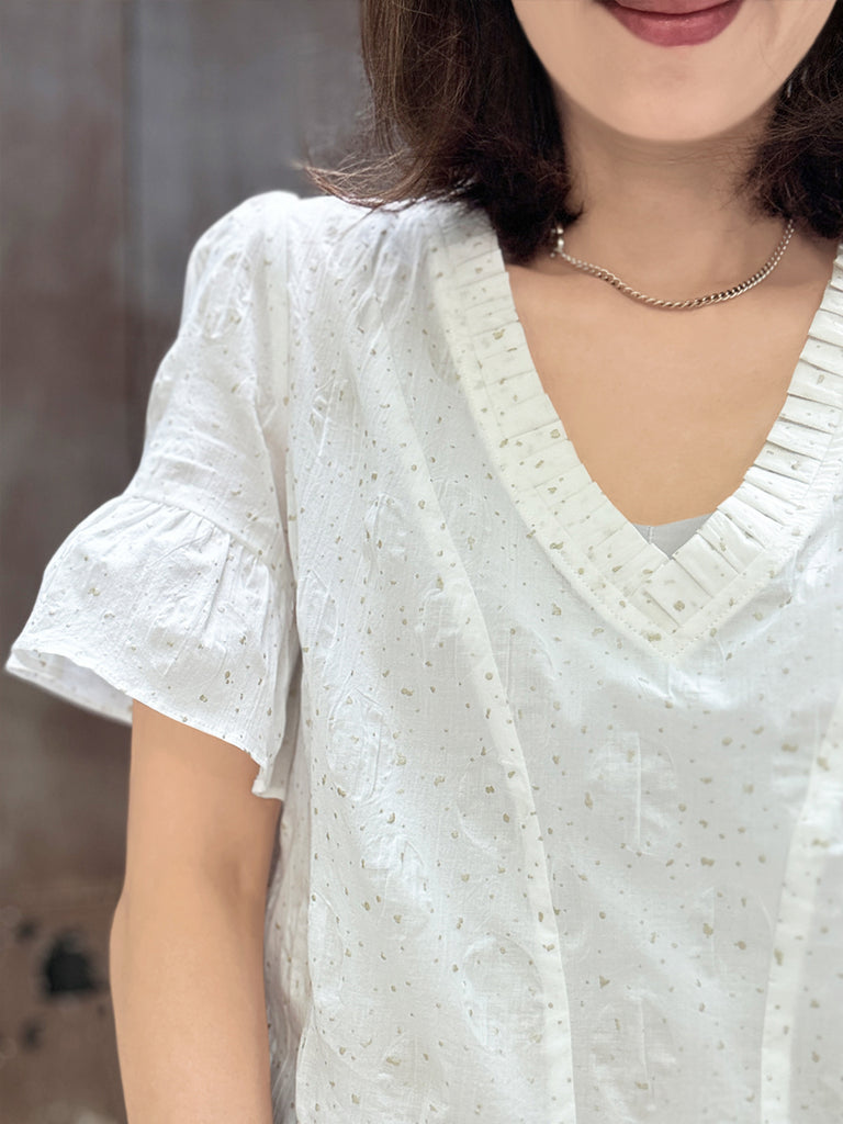 Surprise Sale! Crispy White Golden Dotty Ruffle Short Sleeves Blouse