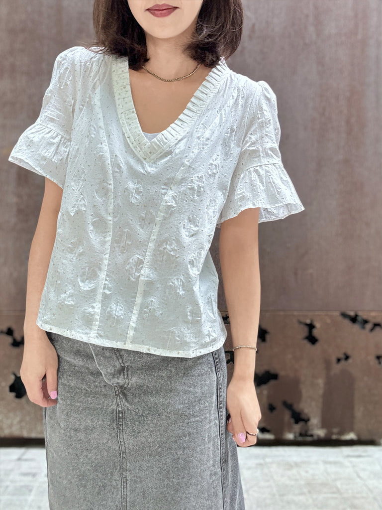 Surprise Sale! Crispy White Golden Dotty Ruffle Short Sleeves Blouse
