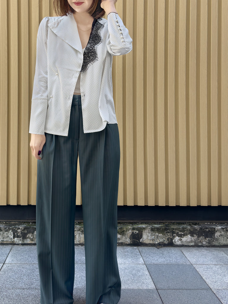 Final Sale! White Pin Dot Eyelash Lace Collar Long Cuff Shirt