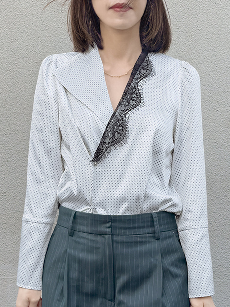 Final Sale! White Pin Dot Eyelash Lace Collar Long Cuff Shirt