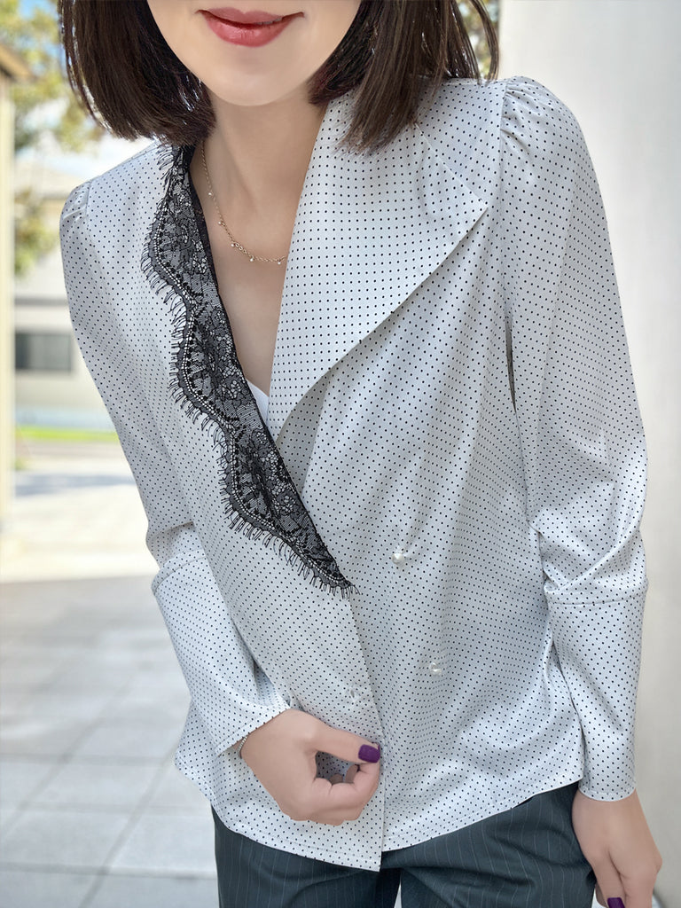 Final Sale! White Pin Dot Eyelash Lace Collar Long Cuff Shirt