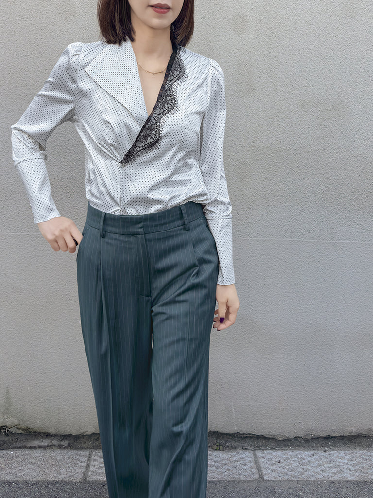 Final Sale! White Pin Dot Eyelash Lace Collar Long Cuff Shirt