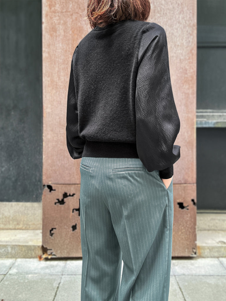 Final Sale! Green Stripe Crease Front Wide-Leg Trousers w/Removable Silky Sash