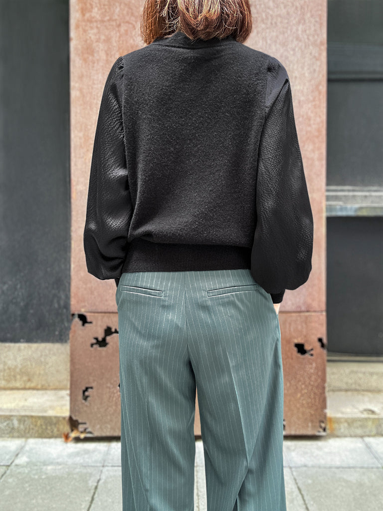 Final Sale! Green Stripe Crease Front Wide-Leg Trousers w/Removable Silky Sash