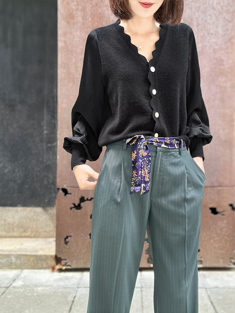 Final Sale! Green Stripe Crease Front Wide-Leg Trousers w/Removable Silky Sash