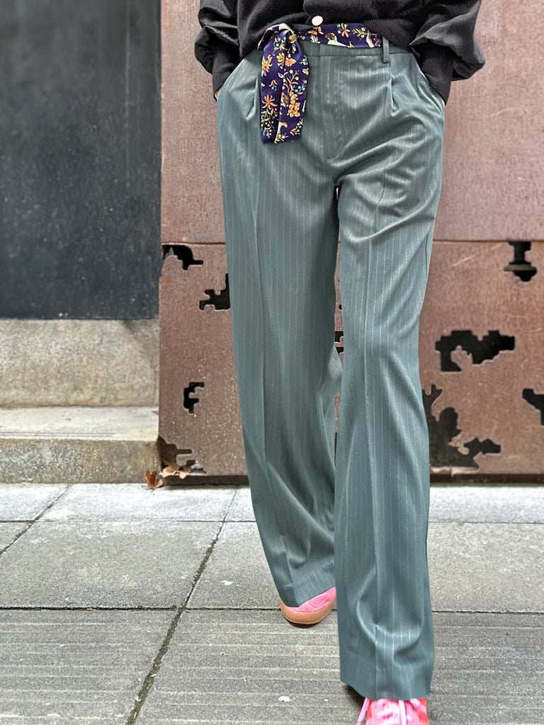 Final Sale! Green Stripe Crease Front Wide-Leg Trousers w/Removable Silky Sash