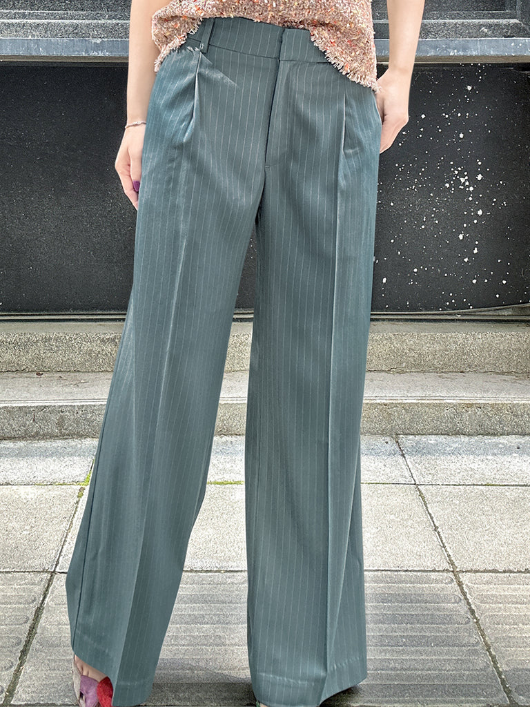Final Sale! Green Stripe Crease Front Wide-Leg Trousers w/Removable Silky Sash