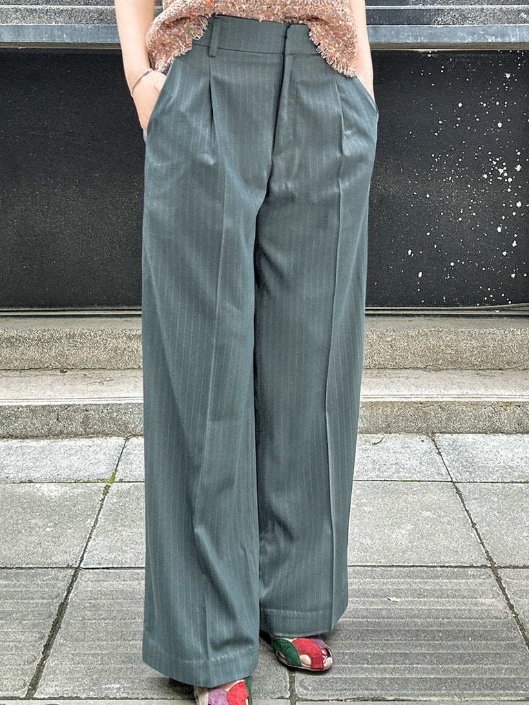 Final Sale! Green Stripe Crease Front Wide-Leg Trousers w/Removable Silky Sash