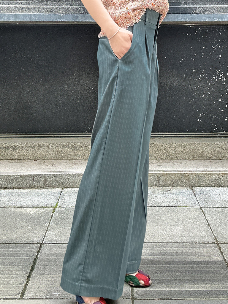 Final Sale! Green Stripe Crease Front Wide-Leg Trousers w/Removable Silky Sash