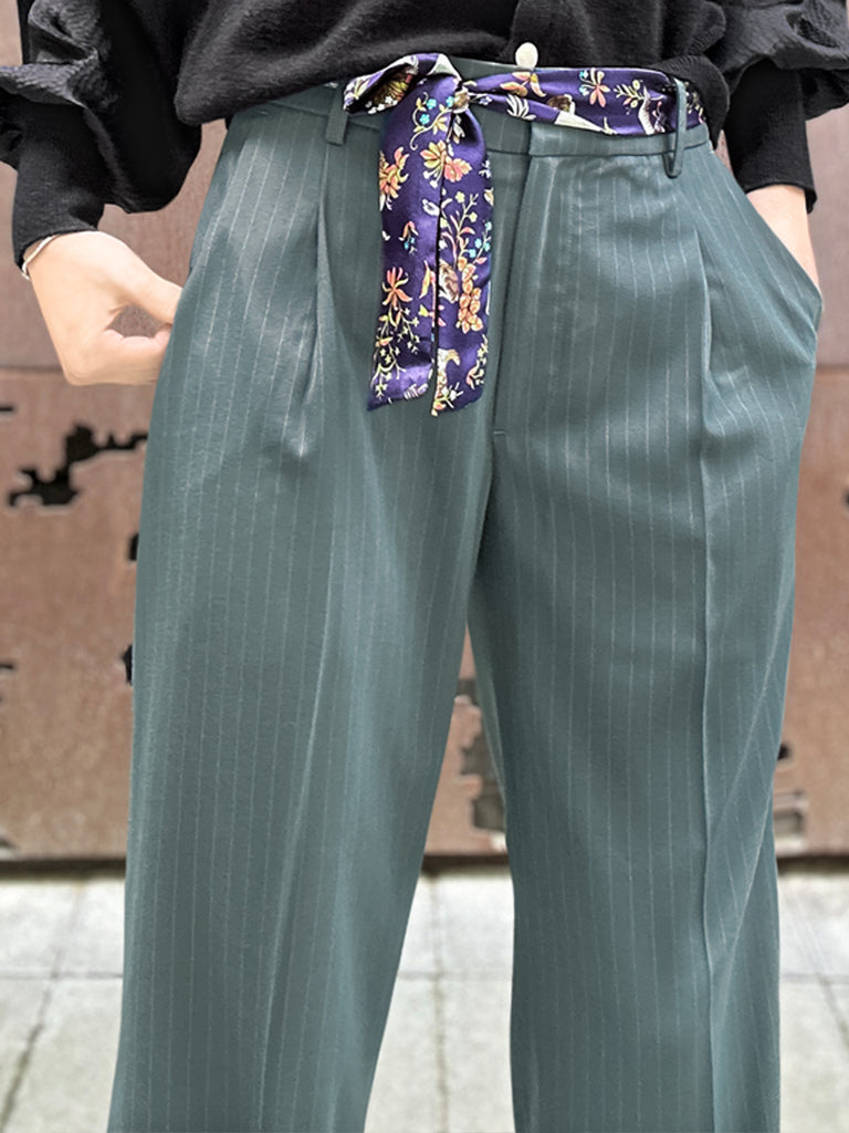 Final Sale! Green Stripe Crease Front Wide-Leg Trousers w/Removable Silky Sash